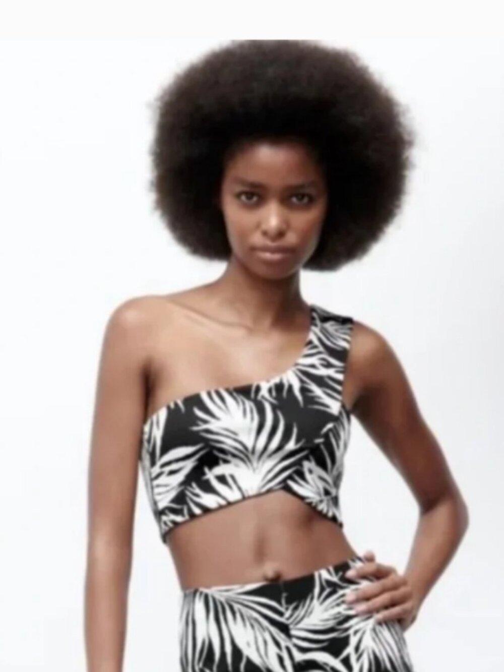 NWT Zara Tropical Palm Leaf One Shoulder Crop Top Large black and white